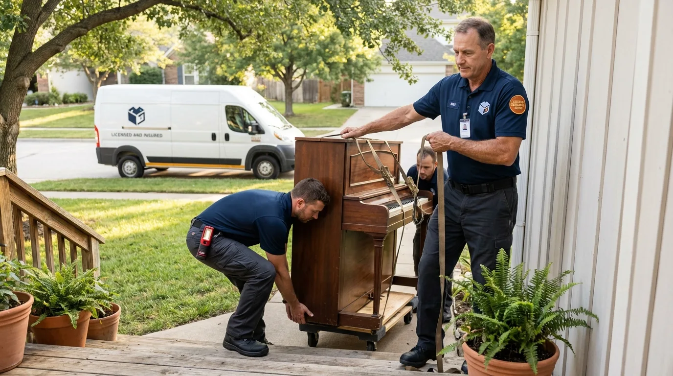 Licensed piano movers securing grand piano in Ball Ground, GA
