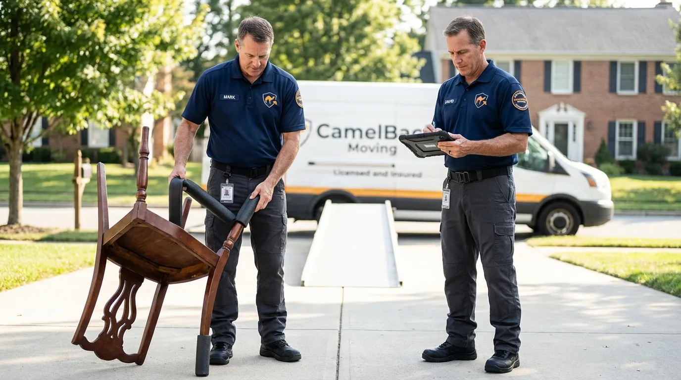 Movers inspecting furniture for damage prevention before loading in Ball Ground, GA