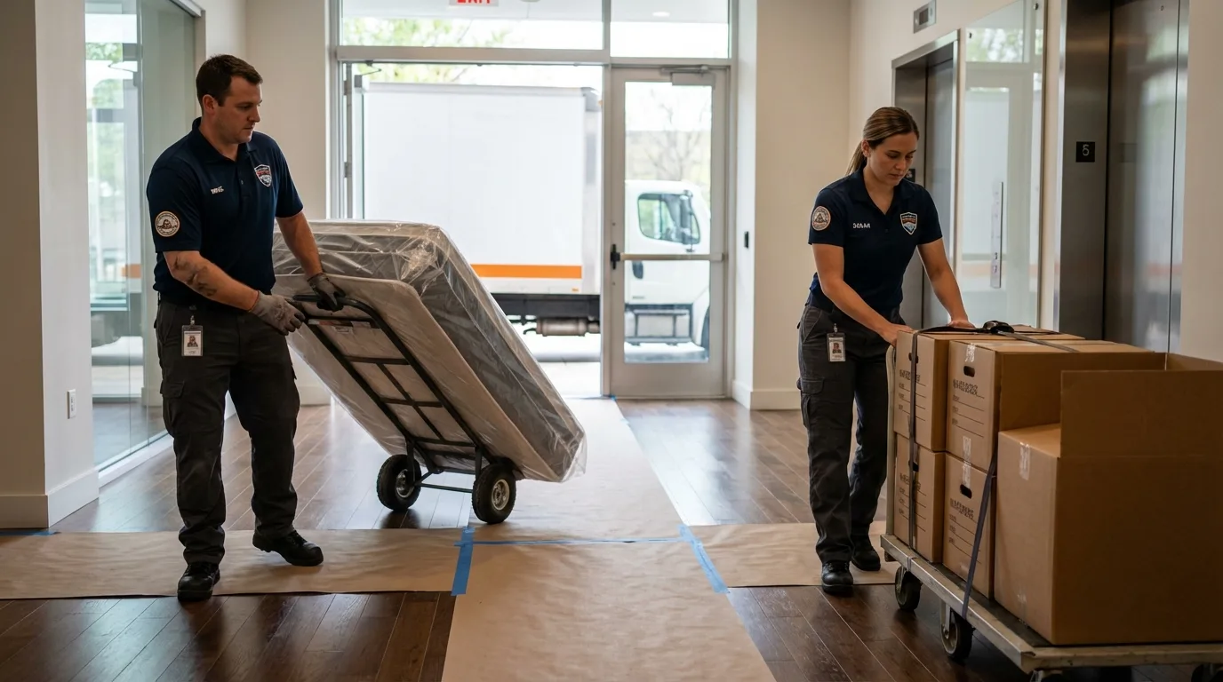 Professional apartment movers loading elevator in Ball Ground, GA